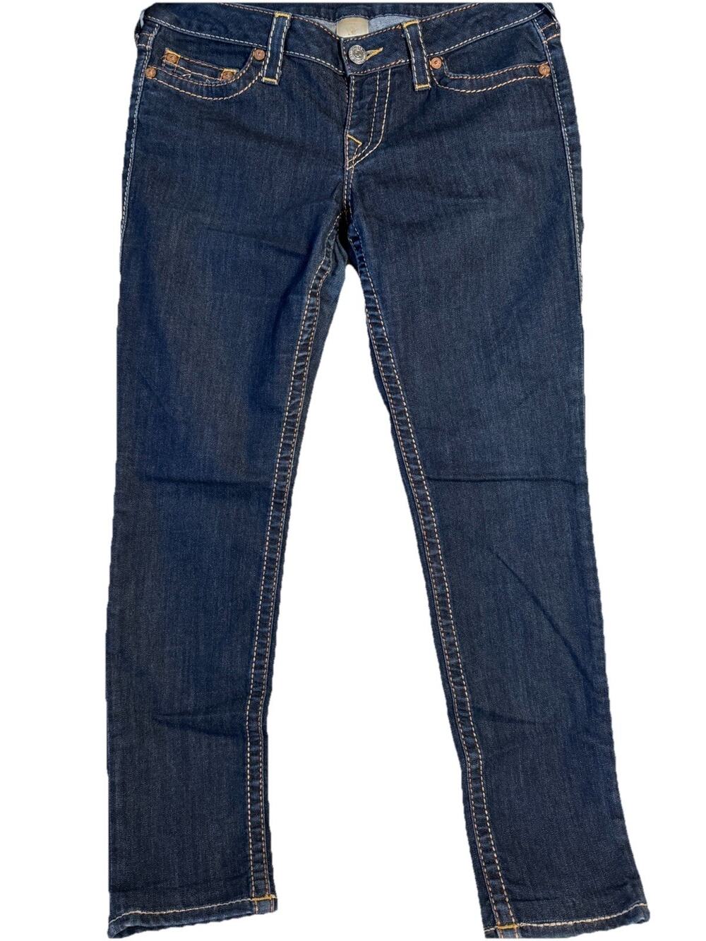 True Religion Skinny Jeans Size 31 Dark Blue Denim Orange Contrast Stitching
